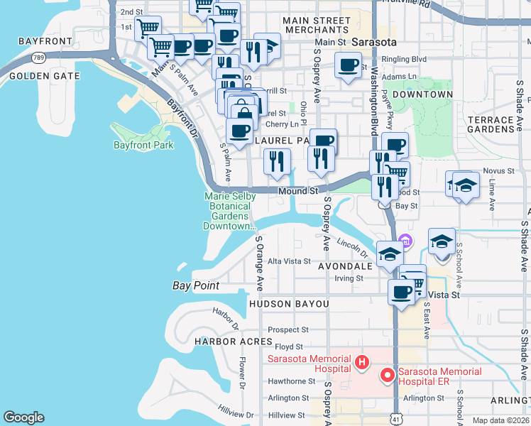 map of restaurants, bars, coffee shops, grocery stores, and more near 860 Hudson Avenue in Sarasota