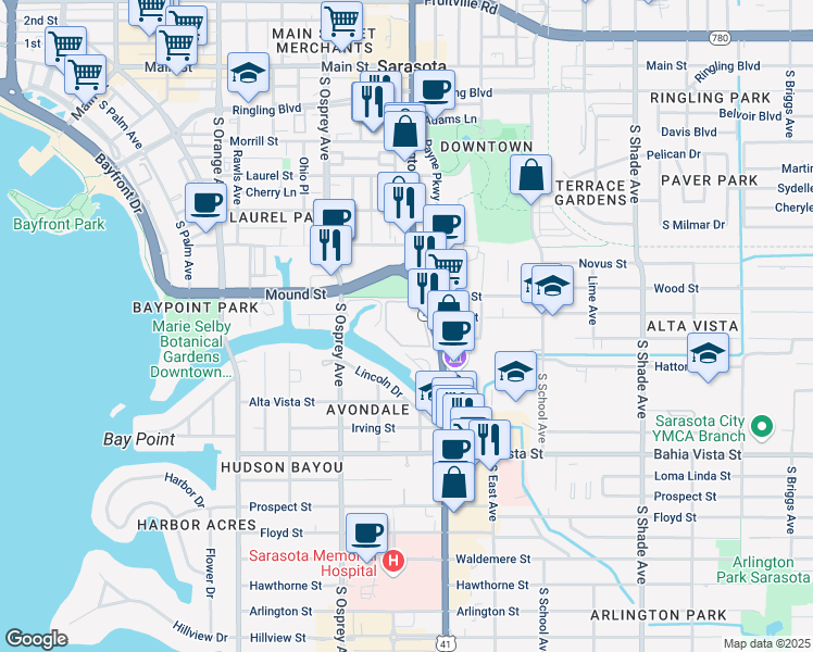 map of restaurants, bars, coffee shops, grocery stores, and more near 850 South Tamiami Trail in Sarasota