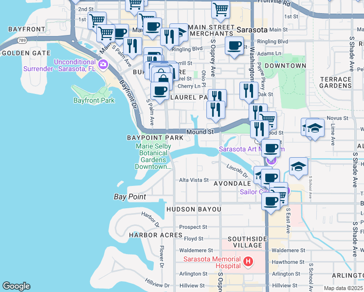 map of restaurants, bars, coffee shops, grocery stores, and more near 860 Hudson Avenue in Sarasota