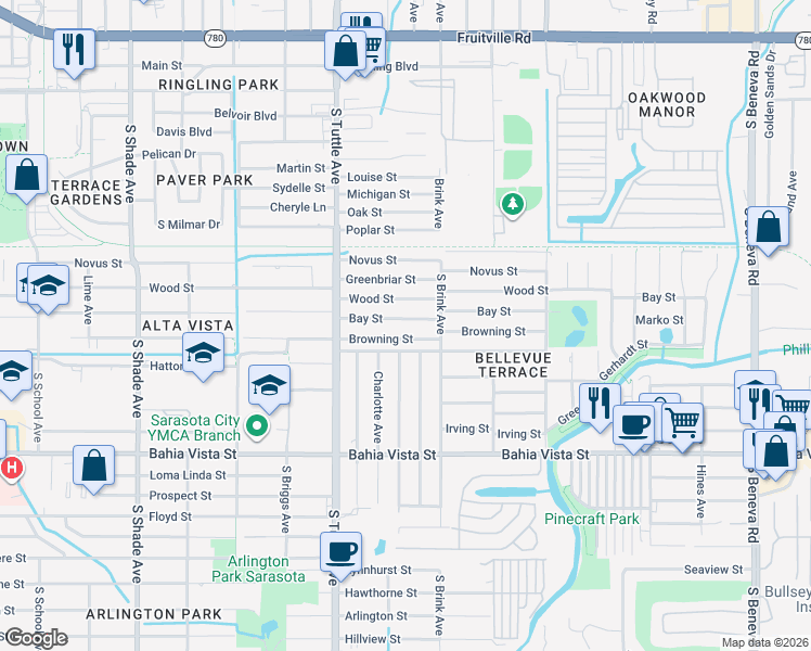 map of restaurants, bars, coffee shops, grocery stores, and more near 2903 Browning Street in Sarasota