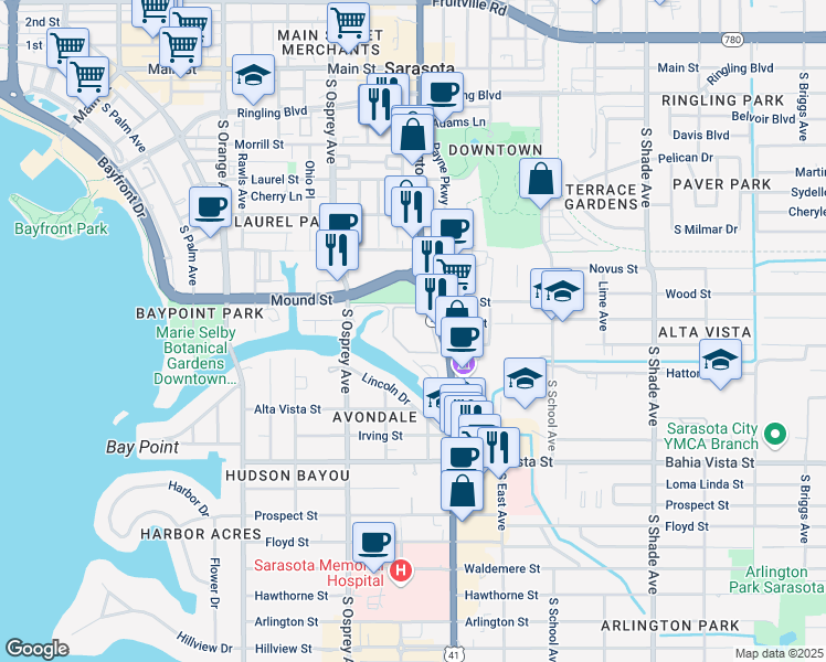 map of restaurants, bars, coffee shops, grocery stores, and more near 850 South Tamiami Trail in Sarasota