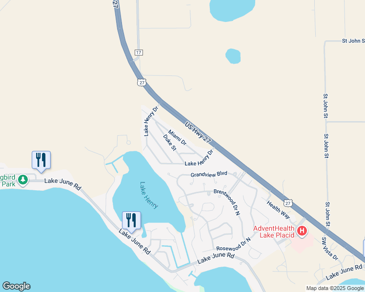map of restaurants, bars, coffee shops, grocery stores, and more near 23 Miami Drive in Lake Placid