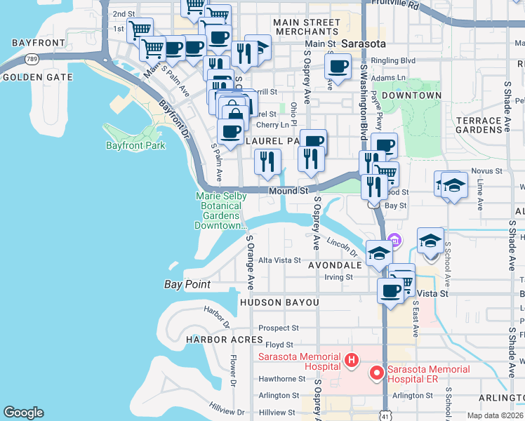 map of restaurants, bars, coffee shops, grocery stores, and more near 860 Hudson Avenue in Sarasota