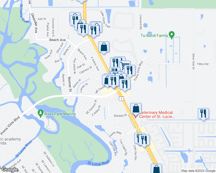 map of restaurants, bars, coffee shops, grocery stores, and more near 822 Northeast Camino Street in Port St. Lucie