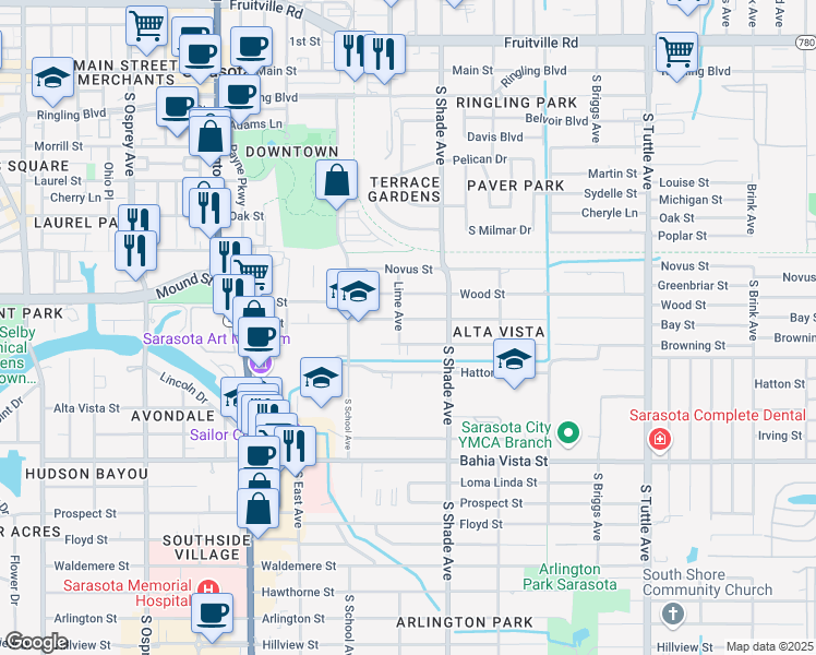 map of restaurants, bars, coffee shops, grocery stores, and more near 2285 Browning Street in Sarasota