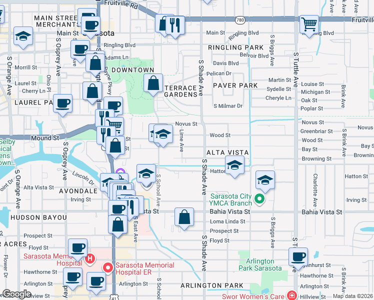 map of restaurants, bars, coffee shops, grocery stores, and more near 2285 Browning Street in Sarasota