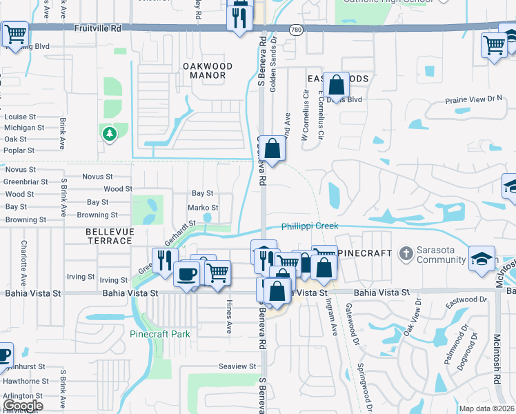 map of restaurants, bars, coffee shops, grocery stores, and more near 860 South Beneva Road in Sarasota