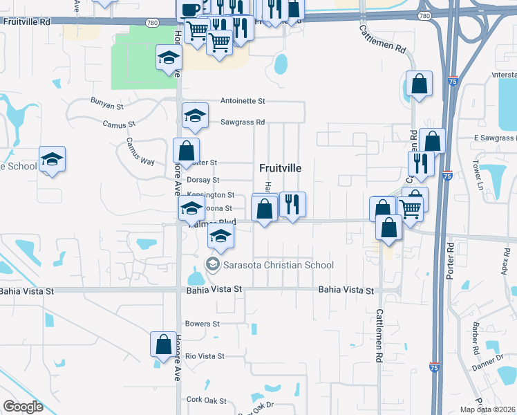map of restaurants, bars, coffee shops, grocery stores, and more near in Fruitville