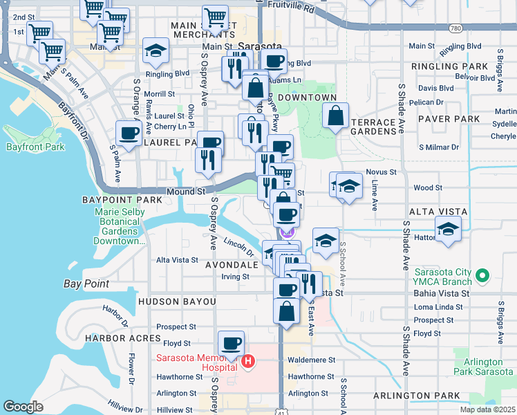 map of restaurants, bars, coffee shops, grocery stores, and more near 850 South Tamiami Trail in Sarasota