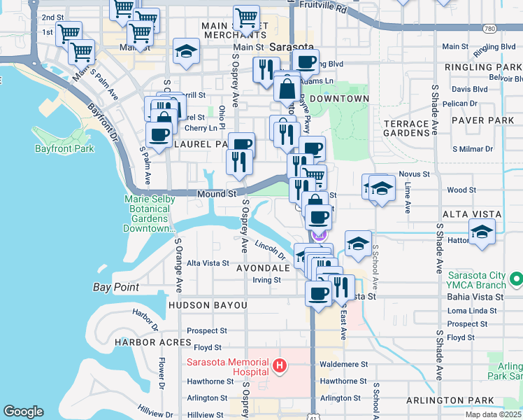 map of restaurants, bars, coffee shops, grocery stores, and more near 835 South Osprey Avenue in Sarasota