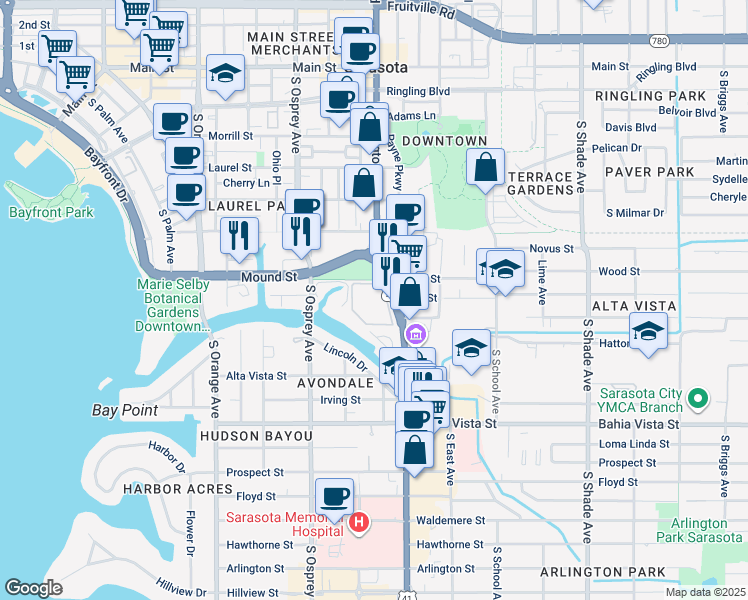 map of restaurants, bars, coffee shops, grocery stores, and more near 850 South Tamiami Trail in Sarasota