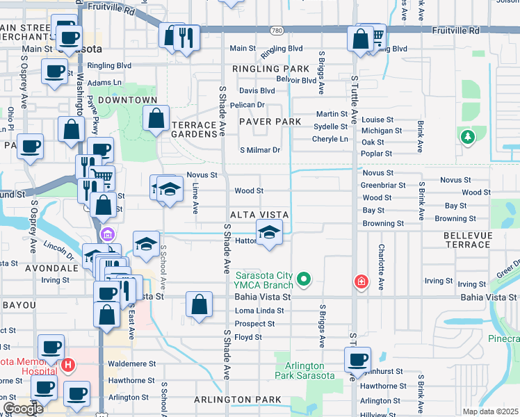 map of restaurants, bars, coffee shops, grocery stores, and more near 2490 South Jefferson Avenue in Sarasota