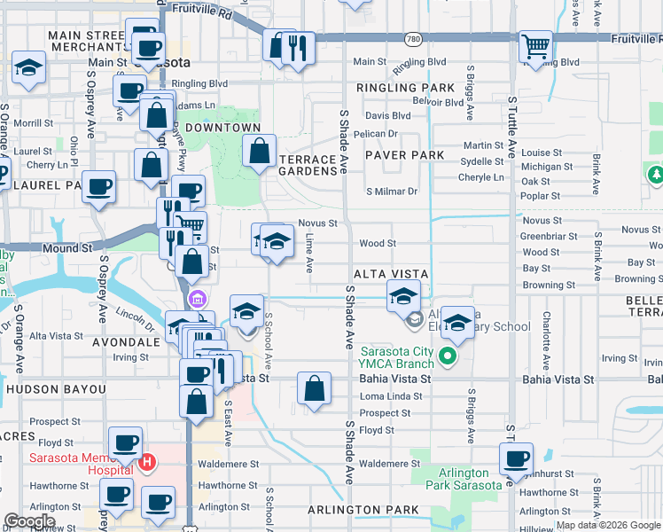 map of restaurants, bars, coffee shops, grocery stores, and more near 2369 Browning Street in Sarasota