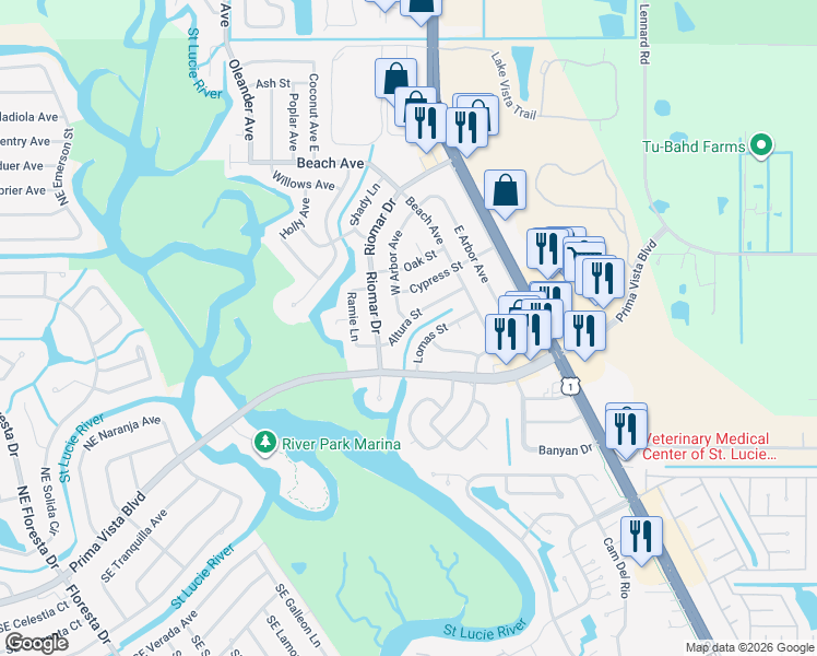 map of restaurants, bars, coffee shops, grocery stores, and more near 753 Altura Street in Port St. Lucie