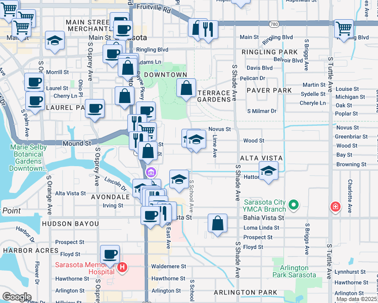 map of restaurants, bars, coffee shops, grocery stores, and more near 2189 Bay Street in Sarasota