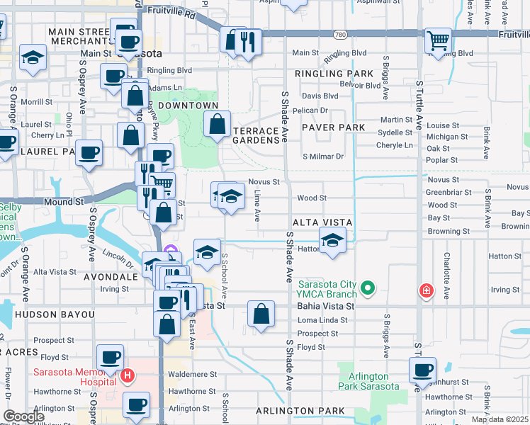 map of restaurants, bars, coffee shops, grocery stores, and more near 2290 Wood Street in Sarasota