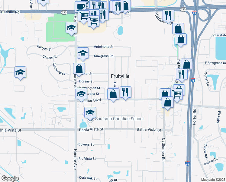 map of restaurants, bars, coffee shops, grocery stores, and more near 5531 Kensington Street in Sarasota