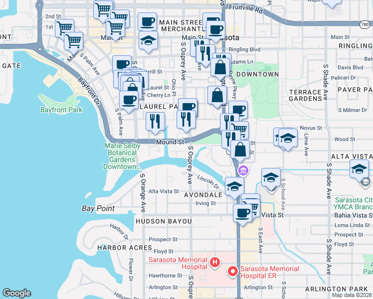 map of restaurants, bars, coffee shops, grocery stores, and more near 1760 Mound Street in Sarasota
