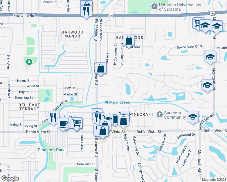 map of restaurants, bars, coffee shops, grocery stores, and more near 741 South Beneva Road in Sarasota