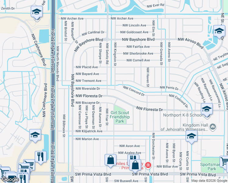 map of restaurants, bars, coffee shops, grocery stores, and more near 574 Northwest Riverside Drive in Port Saint Lucie