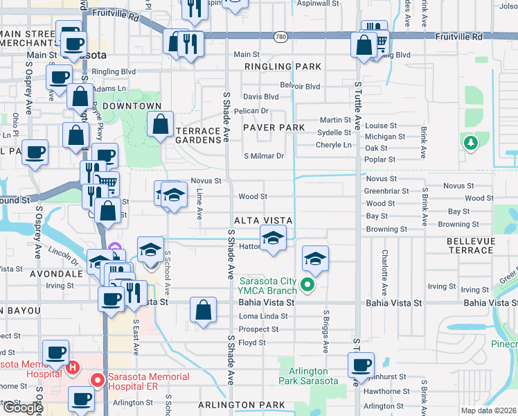 map of restaurants, bars, coffee shops, grocery stores, and more near 2520 Wood Street in Sarasota