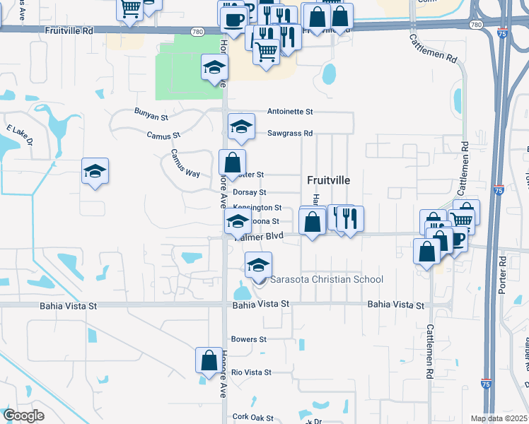 map of restaurants, bars, coffee shops, grocery stores, and more near 5419 Kensington Street in Sarasota