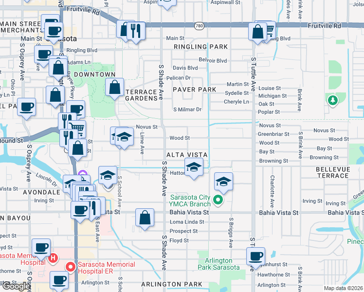 map of restaurants, bars, coffee shops, grocery stores, and more near 2442 Wood Street in Sarasota