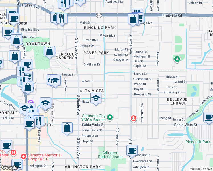 map of restaurants, bars, coffee shops, grocery stores, and more near 2605 Bay Street in Sarasota