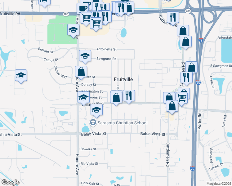 map of restaurants, bars, coffee shops, grocery stores, and more near 5531 Kensington Street in Sarasota