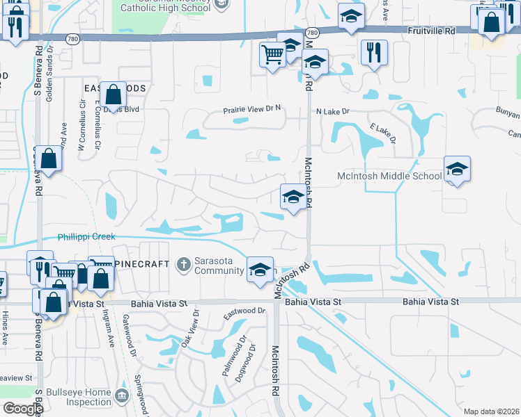 map of restaurants, bars, coffee shops, grocery stores, and more near 4244 King Richard Lane in Sarasota