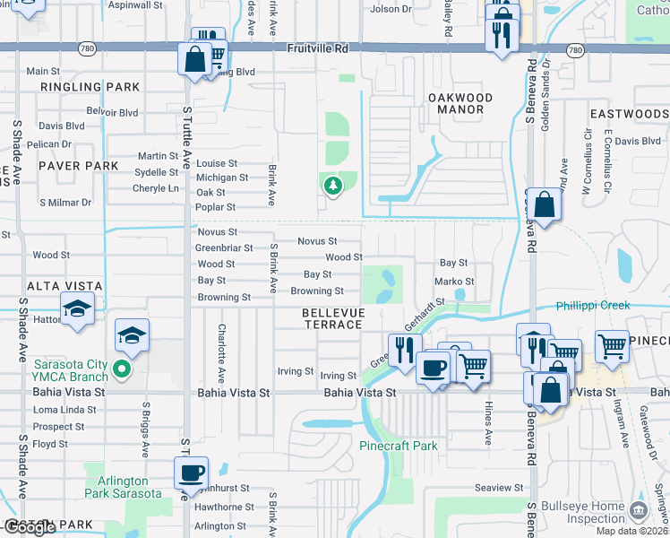 map of restaurants, bars, coffee shops, grocery stores, and more near 3116 Wood Street in Sarasota