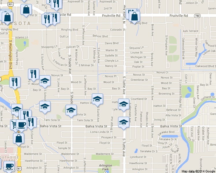map of restaurants, bars, coffee shops, grocery stores, and more near 2664 Wood Street in Sarasota