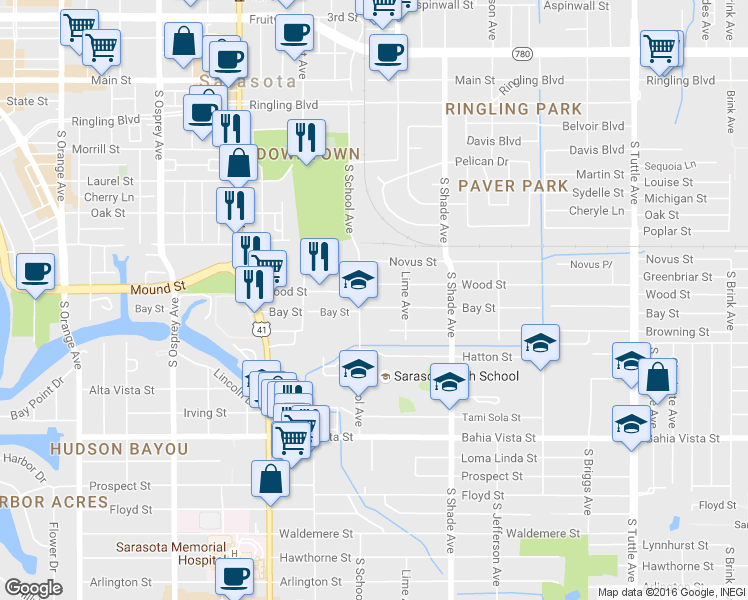 map of restaurants, bars, coffee shops, grocery stores, and more near 2218 Wood Street in Sarasota