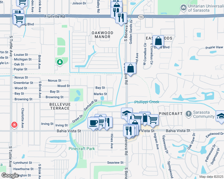 map of restaurants, bars, coffee shops, grocery stores, and more near 779 Trotter Avenue in Sarasota