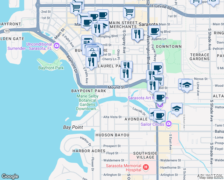 map of restaurants, bars, coffee shops, grocery stores, and more near 1660 Hudson Pointe Drive in Sarasota