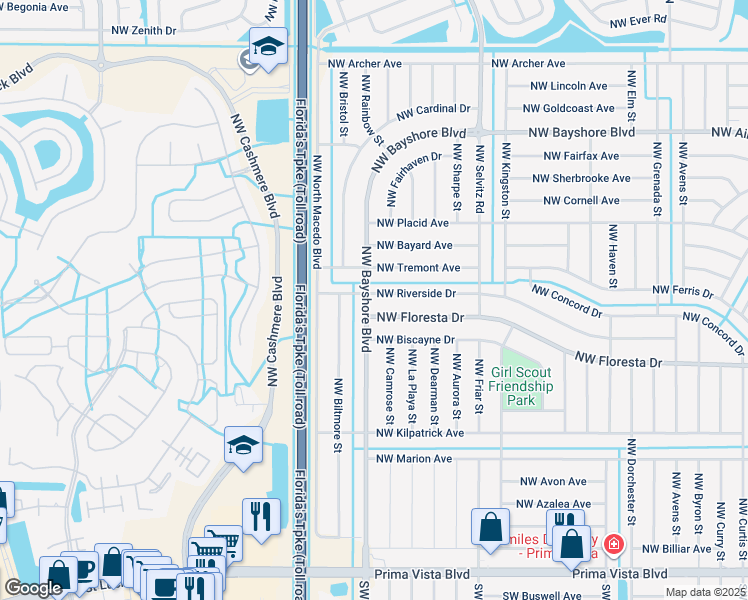 map of restaurants, bars, coffee shops, grocery stores, and more near 465 Northwest Bayshore Boulevard in Port St. Lucie