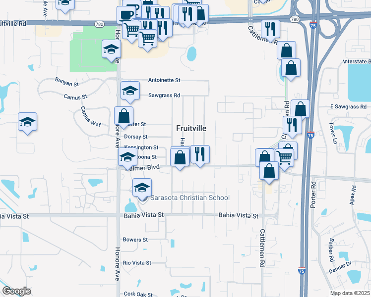 map of restaurants, bars, coffee shops, grocery stores, and more near 5531 Kensington Street in Sarasota
