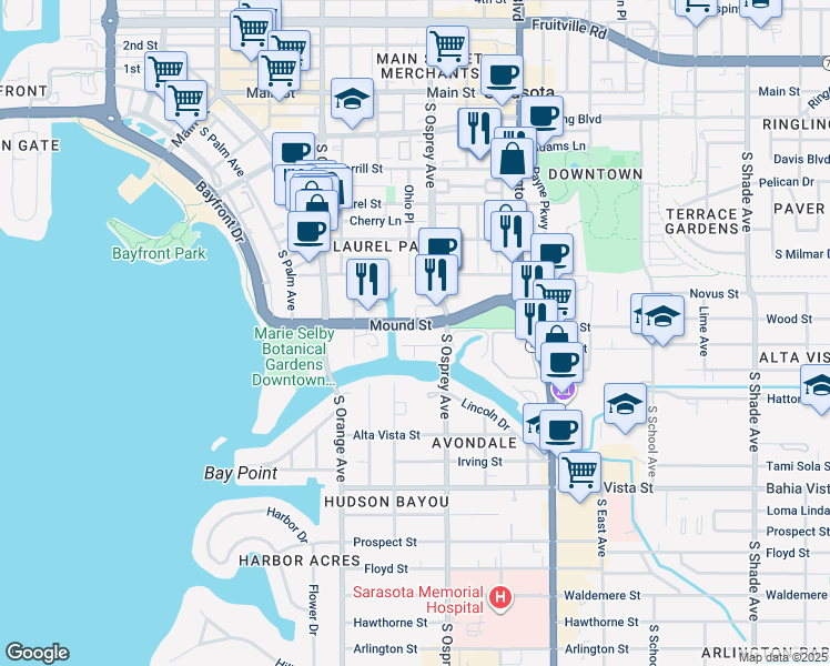 map of restaurants, bars, coffee shops, grocery stores, and more near 1760 Mound Street in Sarasota