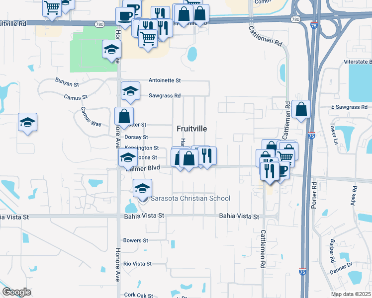 map of restaurants, bars, coffee shops, grocery stores, and more near 5531 Kensington Street in Sarasota