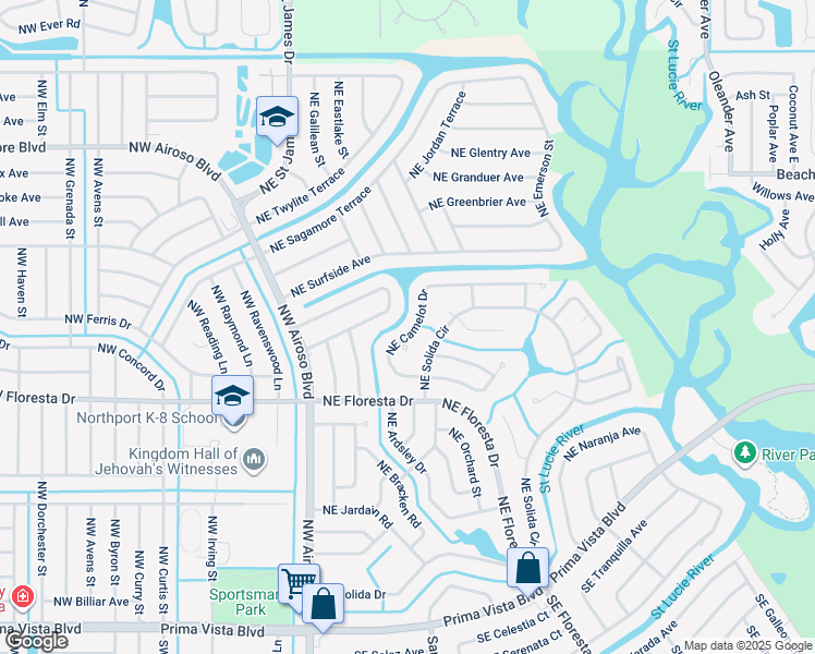 map of restaurants, bars, coffee shops, grocery stores, and more near 362 Northeast Camelot Drive in Port St. Lucie
