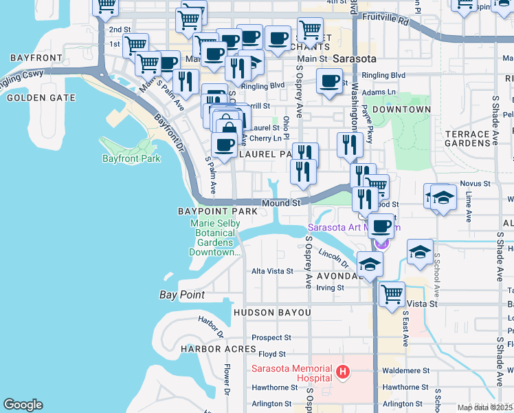 map of restaurants, bars, coffee shops, grocery stores, and more near in Sarasota