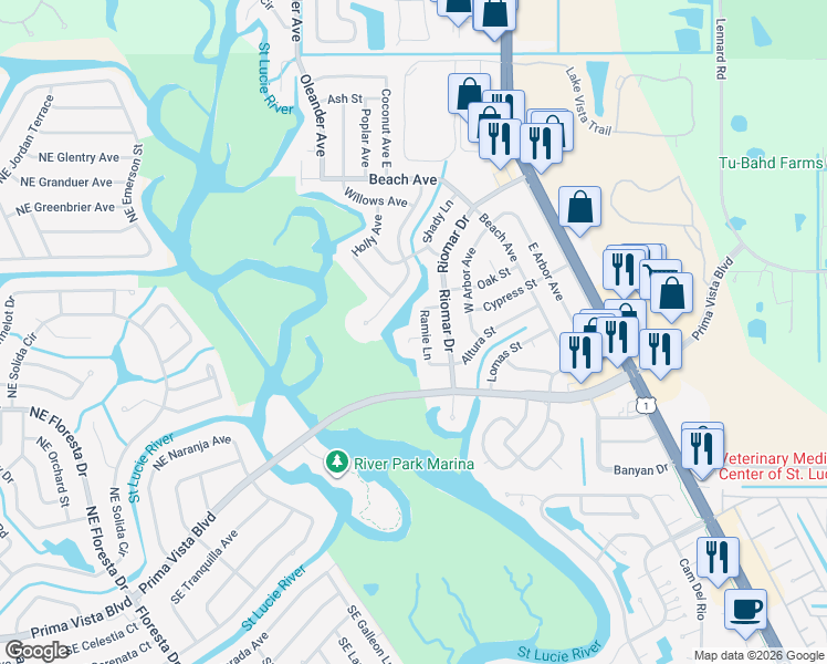 map of restaurants, bars, coffee shops, grocery stores, and more near 705 Ramie Court in Port St. Lucie