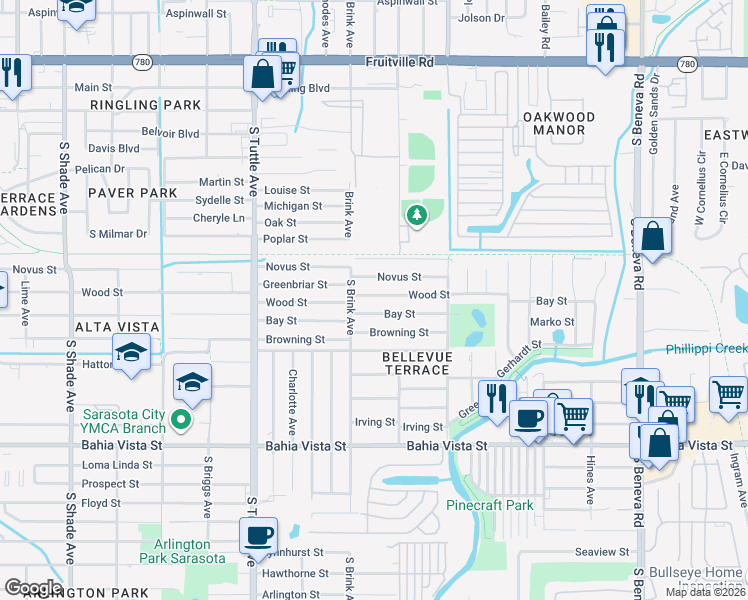 map of restaurants, bars, coffee shops, grocery stores, and more near 3036 Wood Street in Sarasota