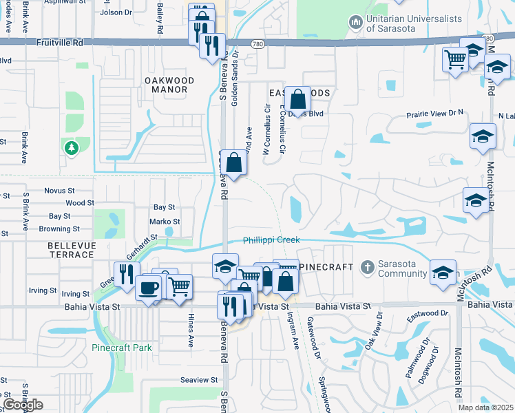 map of restaurants, bars, coffee shops, grocery stores, and more near 741 Beneva Rd in Sarasota