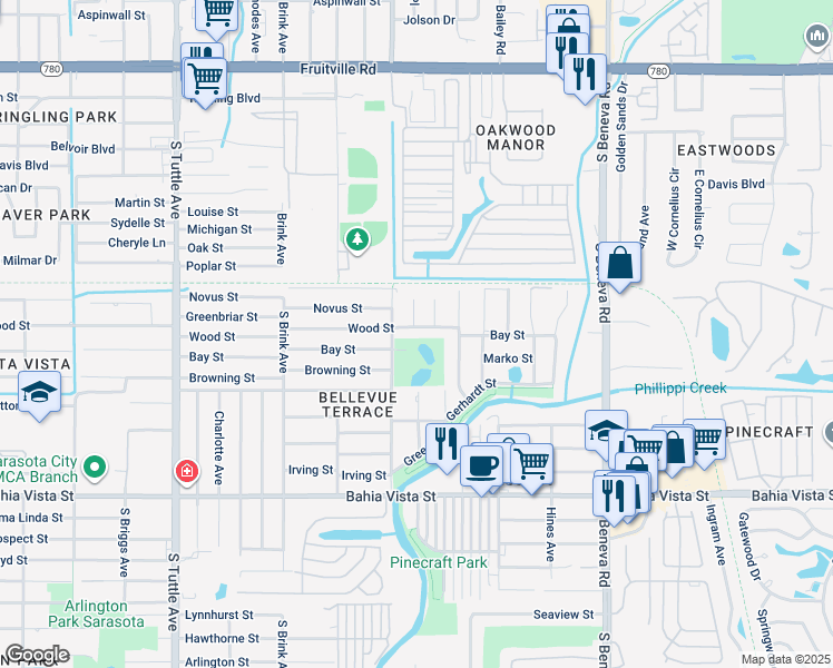 map of restaurants, bars, coffee shops, grocery stores, and more near 3212 Wood Street in Sarasota