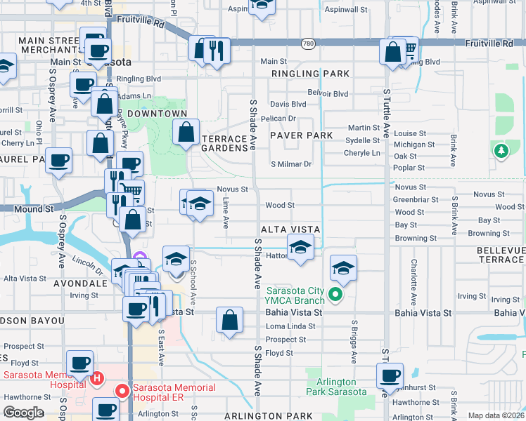 map of restaurants, bars, coffee shops, grocery stores, and more near 2442 Wood Street in Sarasota