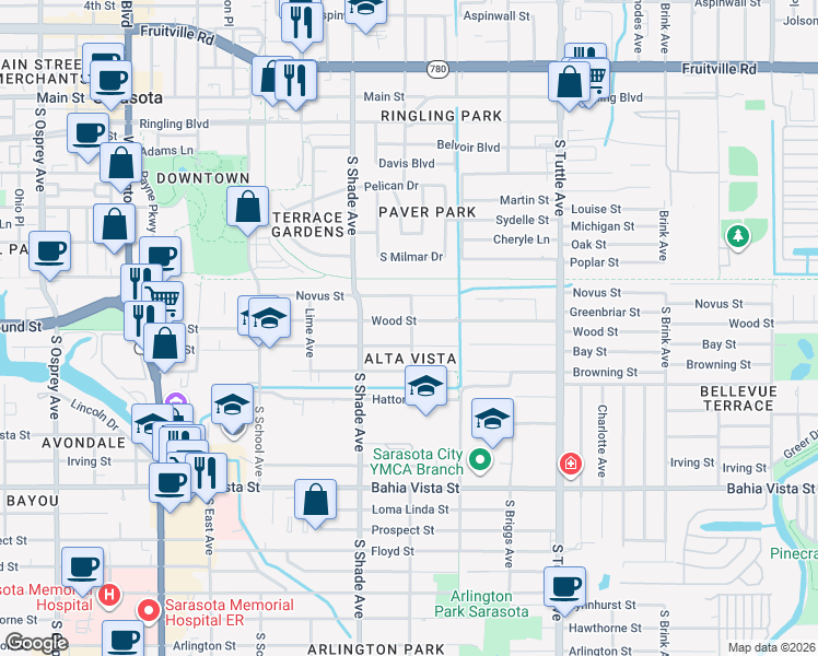 map of restaurants, bars, coffee shops, grocery stores, and more near 2520 Wood Street in Sarasota