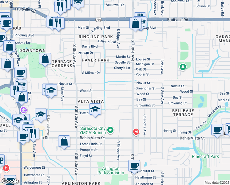 map of restaurants, bars, coffee shops, grocery stores, and more near 2664 Wood St in Sarasota