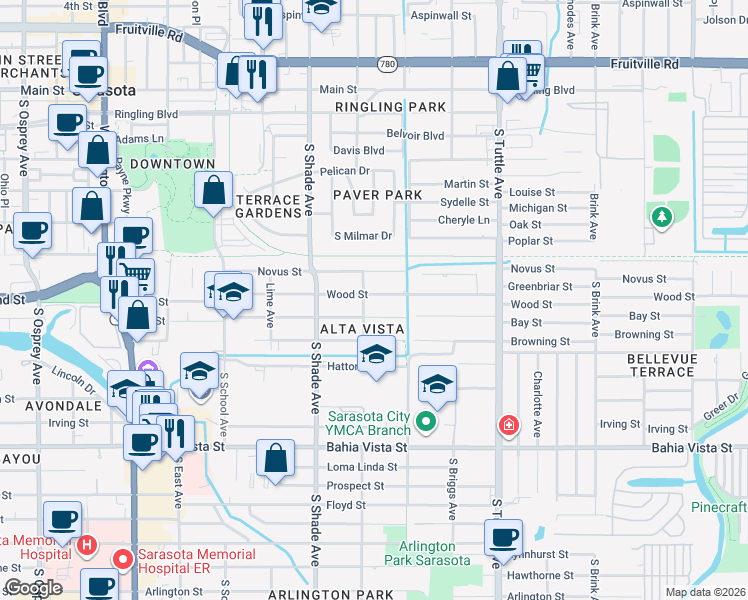 map of restaurants, bars, coffee shops, grocery stores, and more near 2520 Wood Street in Sarasota