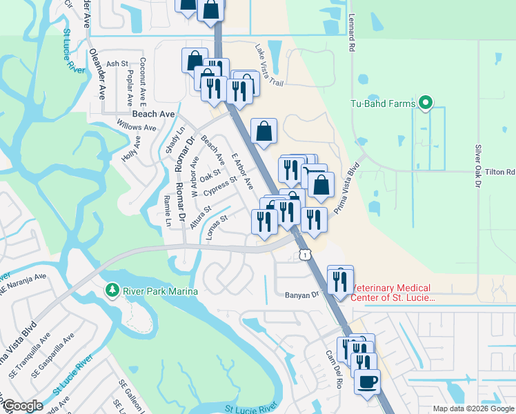 map of restaurants, bars, coffee shops, grocery stores, and more near 110 East Arbor Avenue in Port St. Lucie